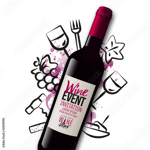 Background wine icons drawn with strokes. Wine bottle illustration. Red wine stains background. Idea for wine event, wine tasting, party with food and drink.