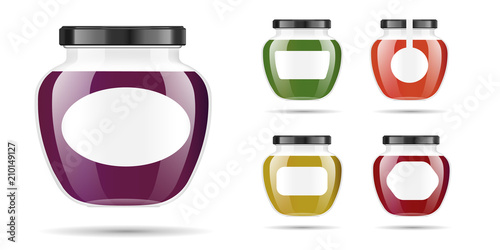 Realistic transparent glass jar with jam, confiture or sauce. Preserving packaging set. Label and logo for jam. Mock up jar with design label or badges. Vector illustrations.