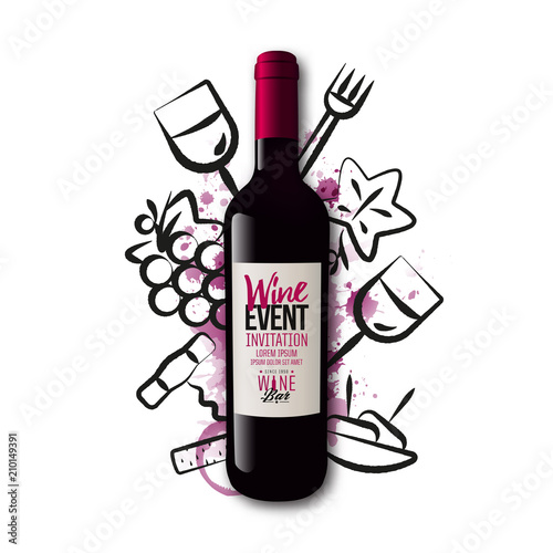 Background wine icons drawn with strokes. Wine bottle illustration. Red wine stains background. Idea for wine event, wine tasting, party with food and drink.