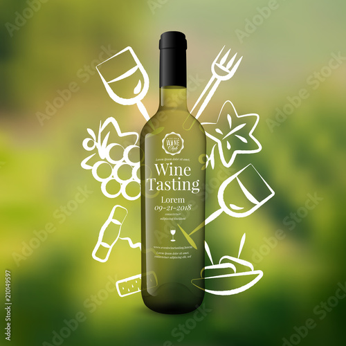 Background wine icons drawn with strokes. White wine bottle illustration. defocused vineyard background image. Idea for wine event, wine tasting, party with food and drink.
