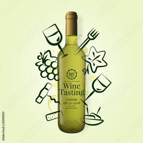 Background wine icons drawn with strokes. White wine bottle illustration. Color background. Idea for wine event, wine tasting, party with food and drink.