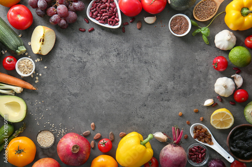 Composition with various healthy products on grey background