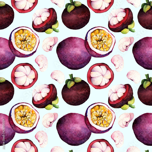 passion fruit. mangosteen. Hand drawn on white background. watercolor  illustration tropical fruit seamless pattern