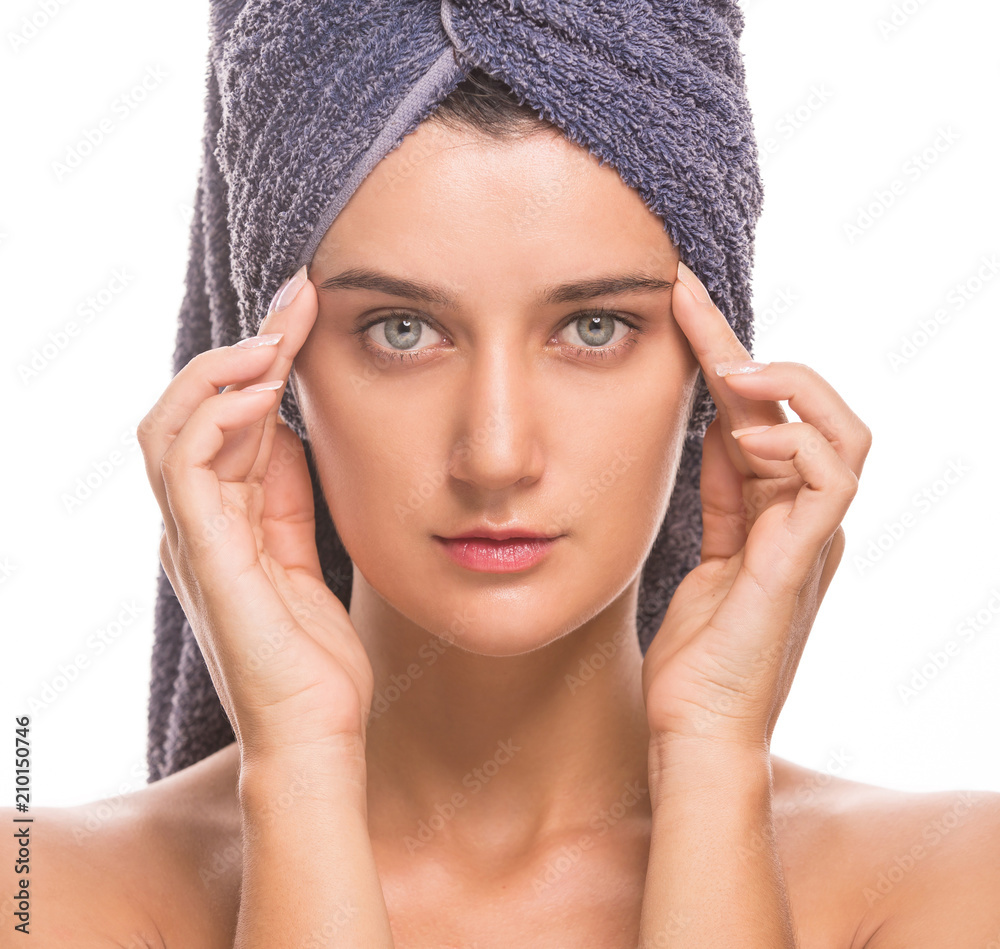 Spa Woman. Beautiful Girl After Bath Touching Her Face. Perfect Skin. Skincare. Young Skin care concept isolated on white Spa Woman. Beautiful Girl After Bath Touching Her Face. Perfect Skin. Skincare. Young Skin care concept isolated on white