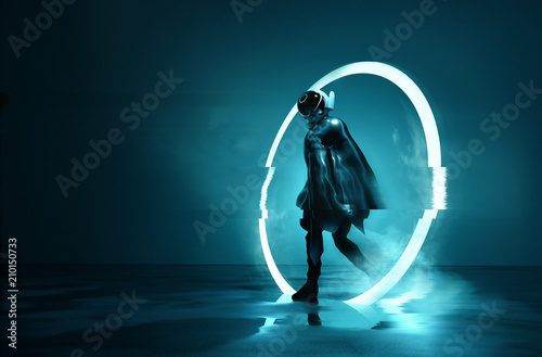 Exiting The Void. A futuristic Space astronaut exiting a glowing loop through time. Conceptual 3D Illustration.