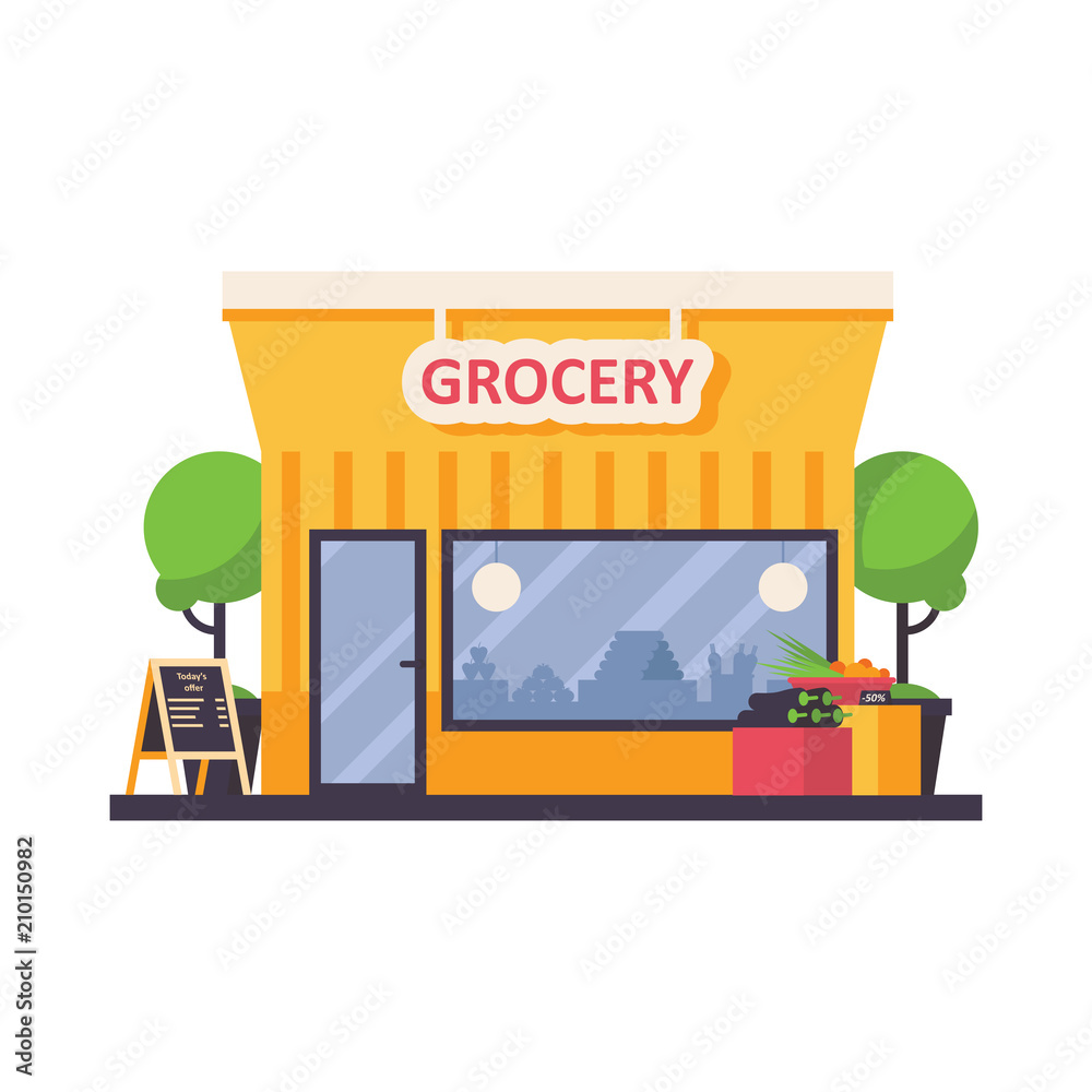 Grocery shop store front isolated on white background