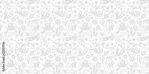 Russia and football cup gray seamless pattern. Football background with modern and traditional Russian elements. Vector illustration. Horizontal.