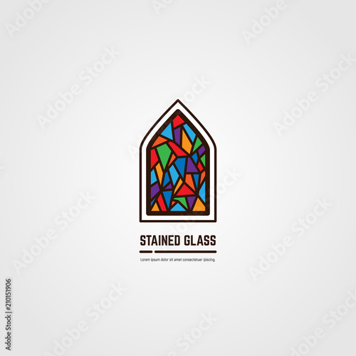 Colorful stained glass window. Logo, emblem or icon with text. Thick line style flat style linear vector. Architecture, religious or gallery. Bright stain glass and color window.
