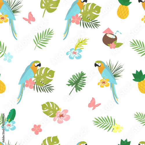 Seamless vector cartoon doodle pattern. Exotic tropical texture for printing  web design  poster template. Collection of funny elements