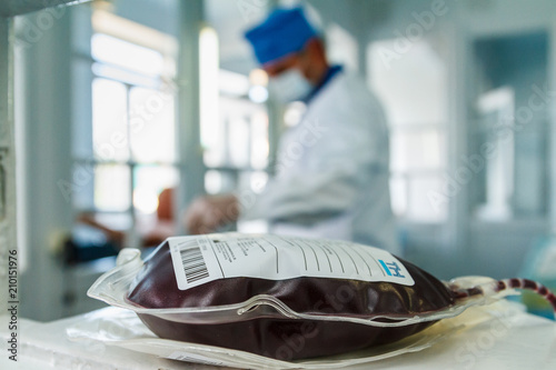Uzhgorod, Ukraine - May 10, 2018: Container with blood after blood donation at the blood transfusion station.