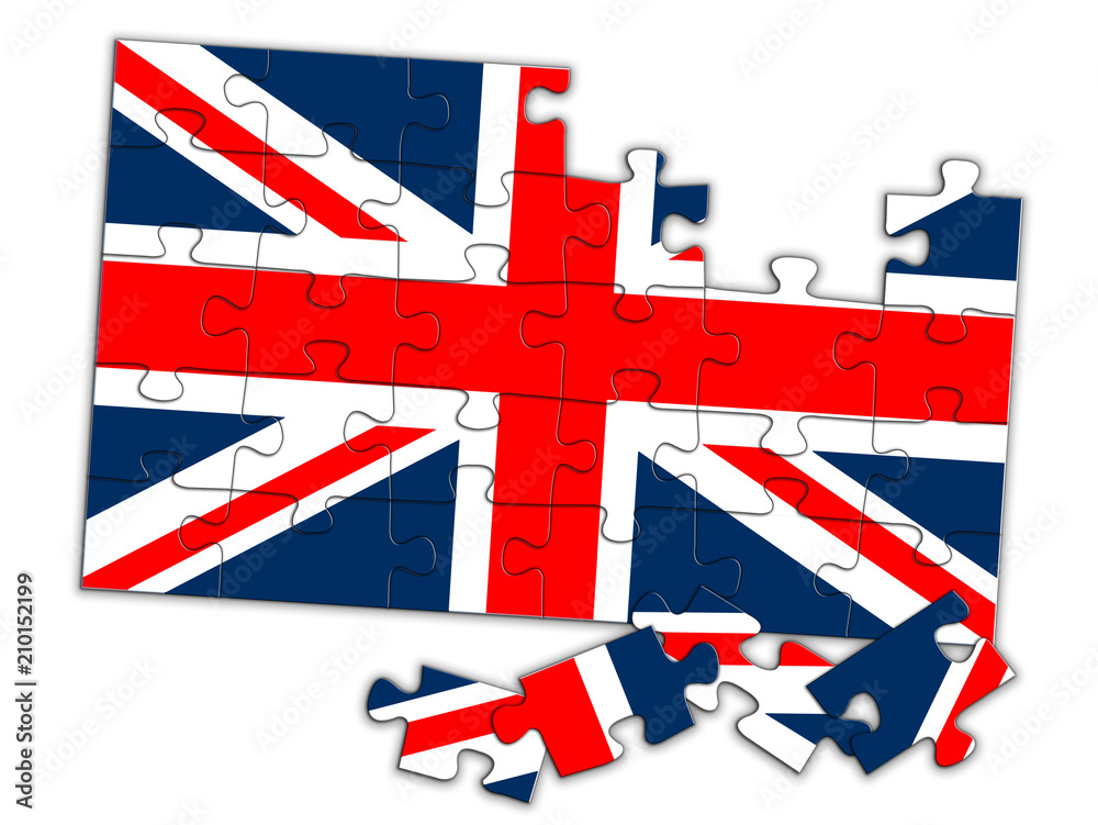 Union Jack puzzle, pieces not in place. UK flag falling apart concept.  Stock Illustration | Adobe Stock