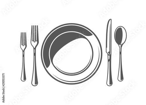 Spoon, fork, knife and plate