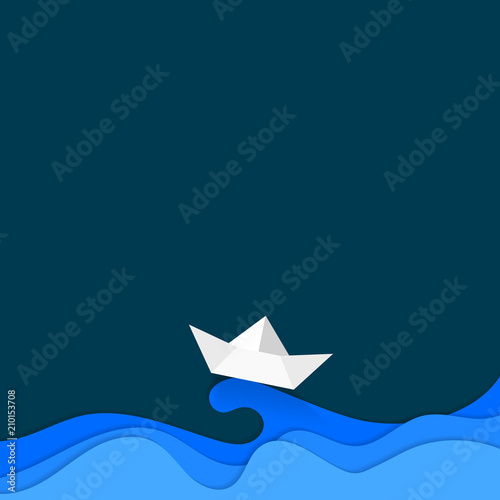 Paper carve cut art of boat sailing in blue wave. Modern origami design background. Travel, relaxation concept 3d paper layers for greeting card, banners, business presentations, flyers, posters