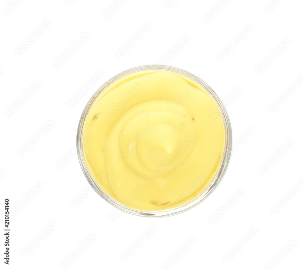 Bowl with tasty sauce on white background, top view Bowl with tasty sauce on white background, top view