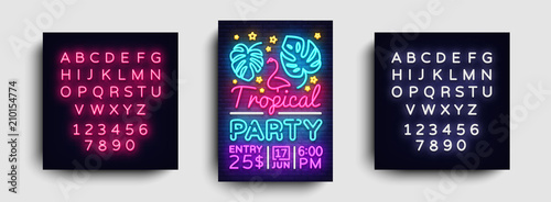 Tropical party poster neon vector. Summer party design template  bright neon brochure  modern trend design  light banner  typography invitation to the party  postcard. Vector. Editing text neon sign
