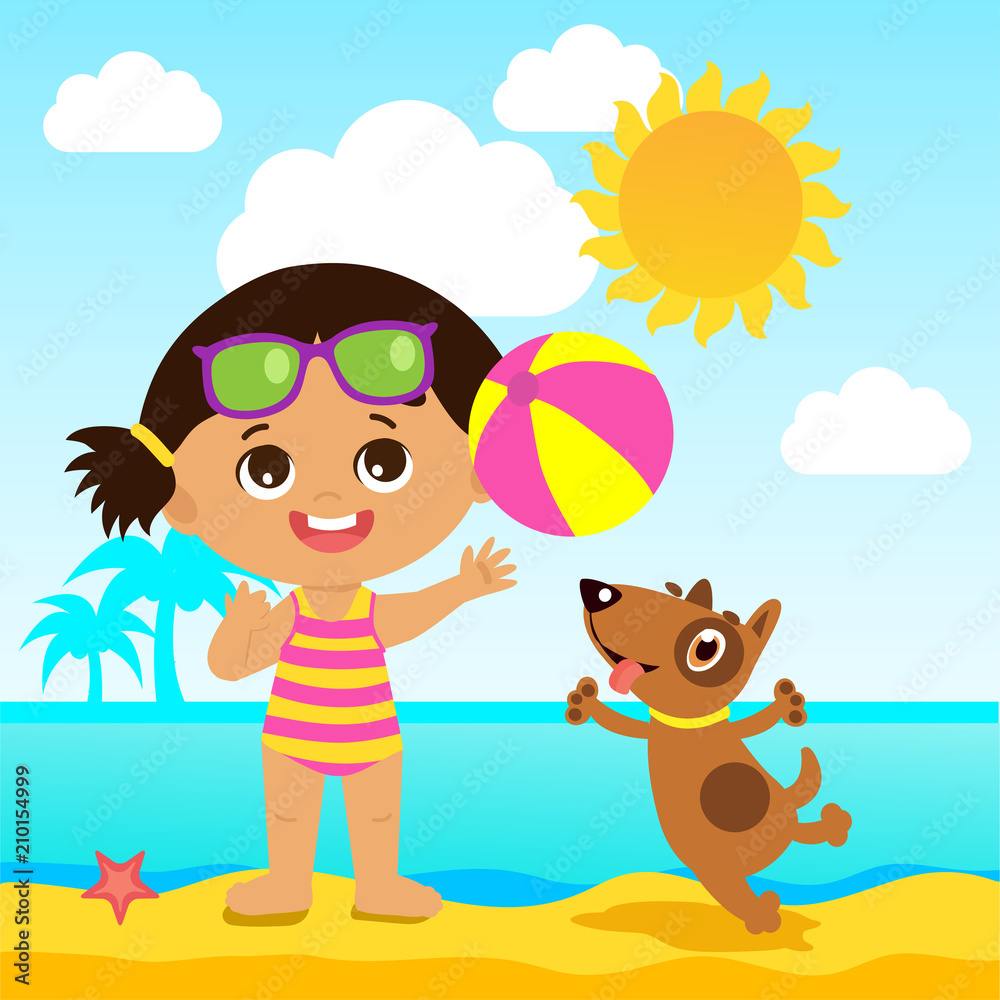 Happy Holidays. Cute Summer Girl Cartoon Vector. Summer Time Vector  Illustration. Girl Playing Ball With A Dog. Kids Sea Vacation Theme. Baby  On The Beach Vector. Childhood Memories. Stock Vector | Adobe