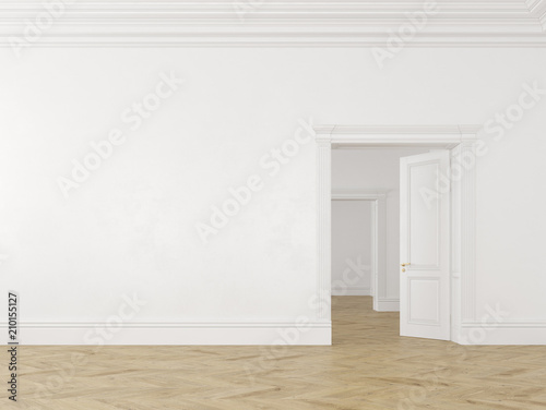 Classic scandinavian white empty interior with doors and parquet.