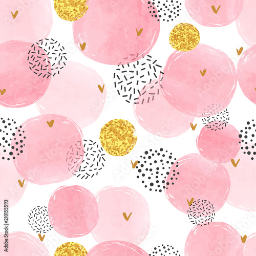 Seamless dotted pattern with pink and golden circles. Vector abstract background with watercolor shapes.