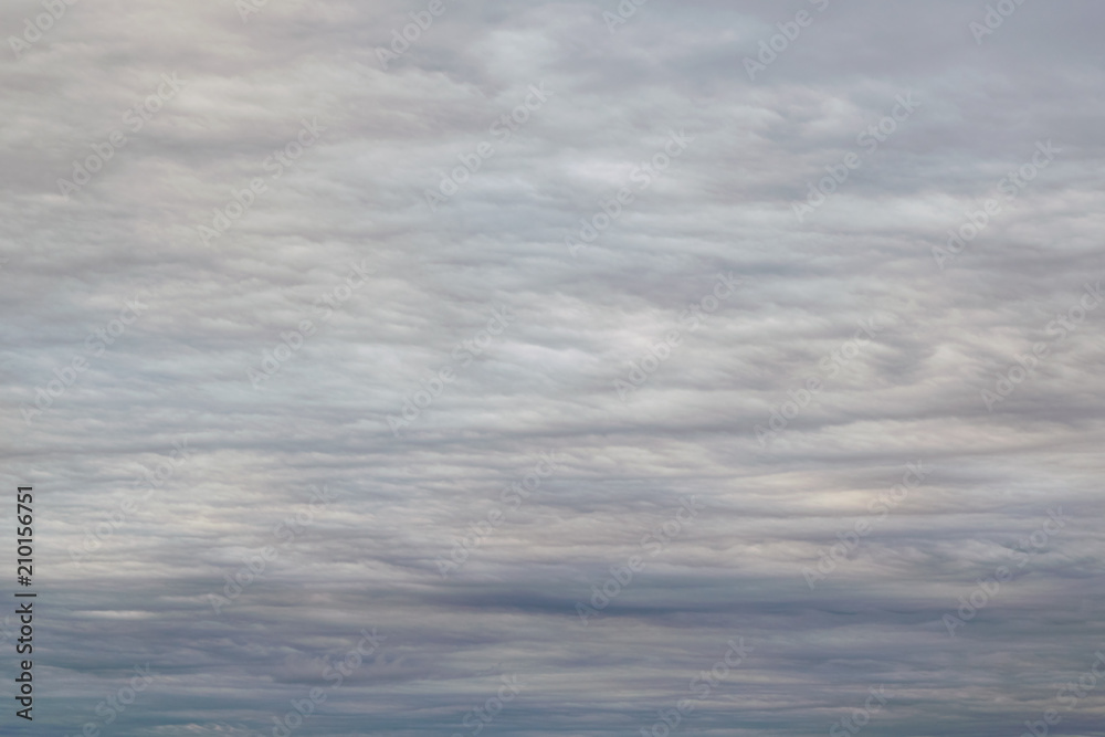 Dark, grey clouds covered the sky. Clouds in the form of lines and wavy layers. Cumulus and flat clouds before the rain. Inclement weather outdoors. Background, backdrop or Wallpaper.