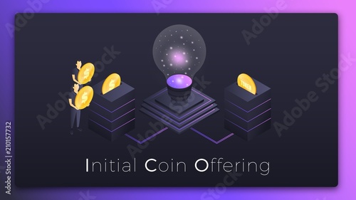 ICO. Initial Coin Offering isometric illustration. People investing money in startup ICO tokens