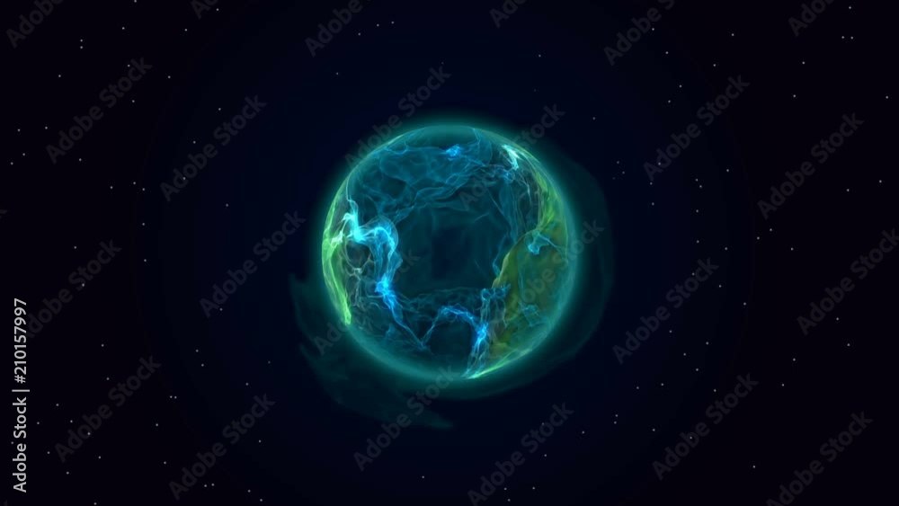 Blue plasma planet in space. Rotating energy ball with beautiful energy charges. Water planet Blue plasma planet in space. Rotating energy ball with beautiful energy charges. Water planet