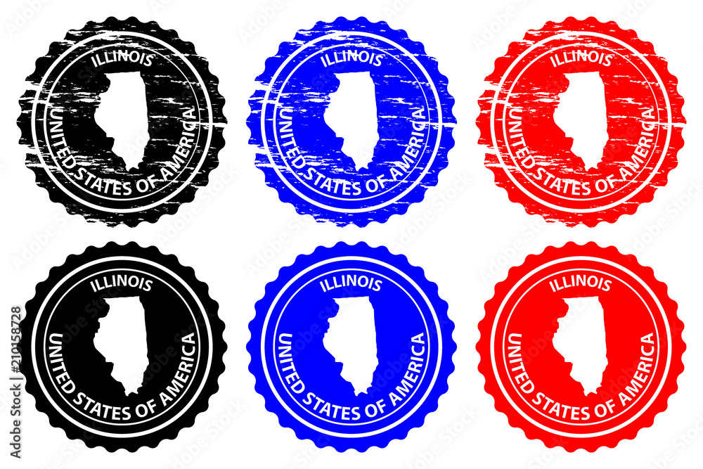 Illinois - rubber stamp - vector, Illinois (United States of America) map pattern - sticker - black, blue and red 