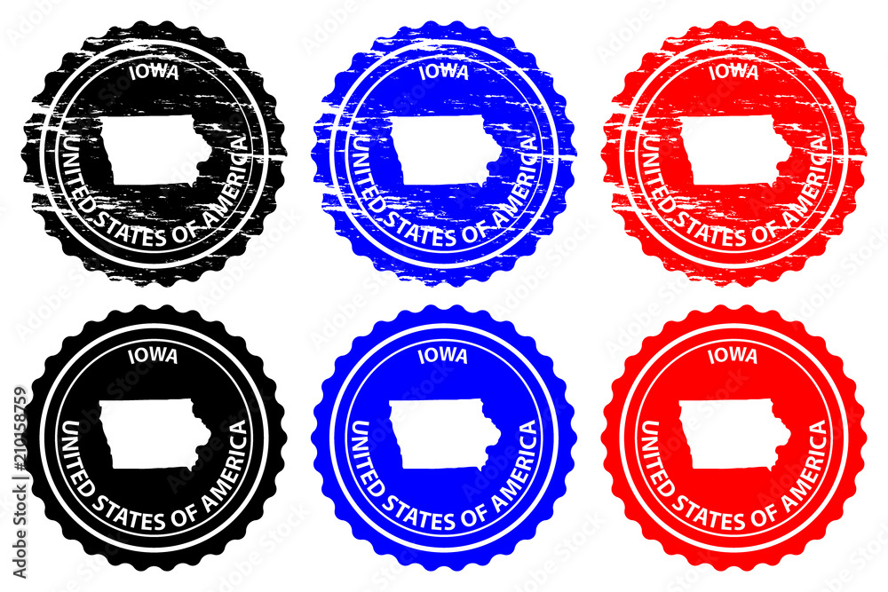 Iowa - rubber stamp - vector, Iowa (United States of America) map pattern - sticker - black, blue and red 