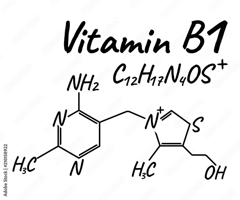 Vitamin B1 Label and Icon. Chemical Formula and Structure Logo. Vector