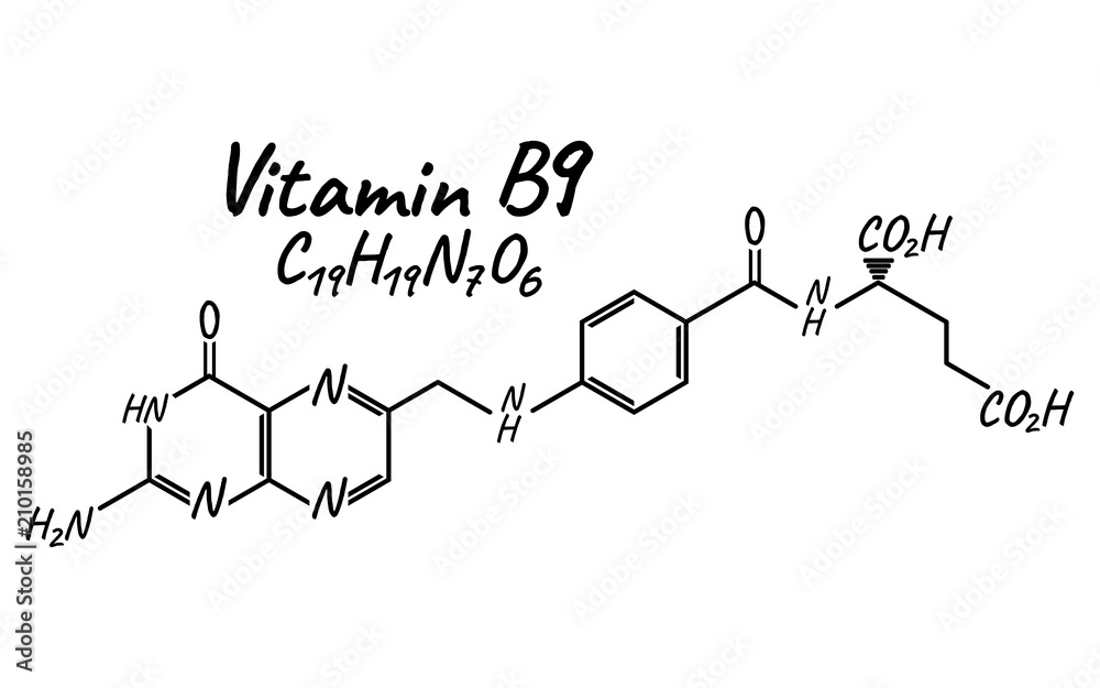 Vitamin B9 Label and Icon. Chemical Formula and Structure Logo. Vector Illustration