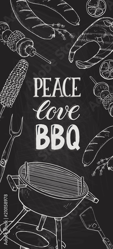 BBQ and grill banner with sketch objects. Hand drawn barbecue elements around decorative text. BBQ party. Grill time, vertical composition.