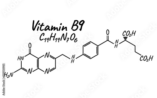 Vitamin B9 Label and Icon. Chemical Formula and Structure Logo. Vector Illustration