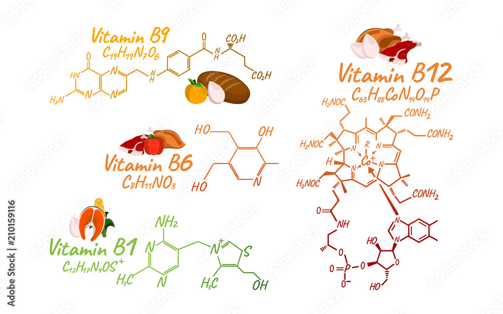 Vitamin Complex with Food B1, B6, B9, B12 Label and Icon. Chemical Formula  and Structure Logo. Vector Illustration Stock Vector | Adobe Stock