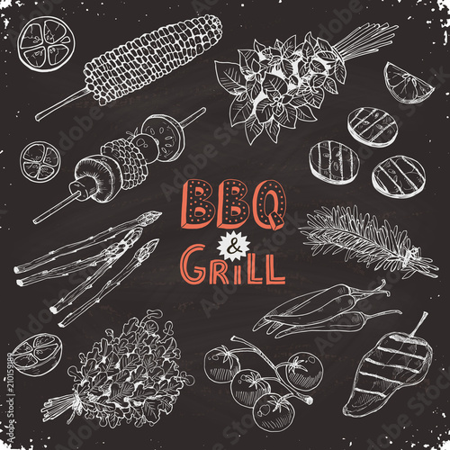 Grill time. Hand drawn bbq vegetables sketches on chalkboard.  Grilled corn, pepper and eggplant slices. Bunch of parsley, rosmary and basil bundles.