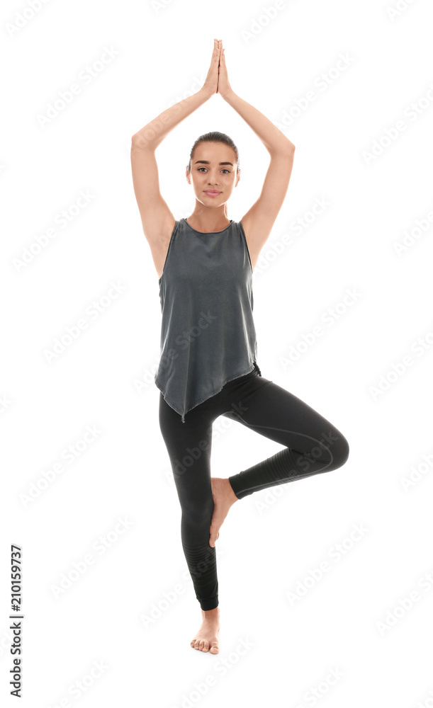 Young woman practicing yoga on white background Young woman practicing yoga on white background