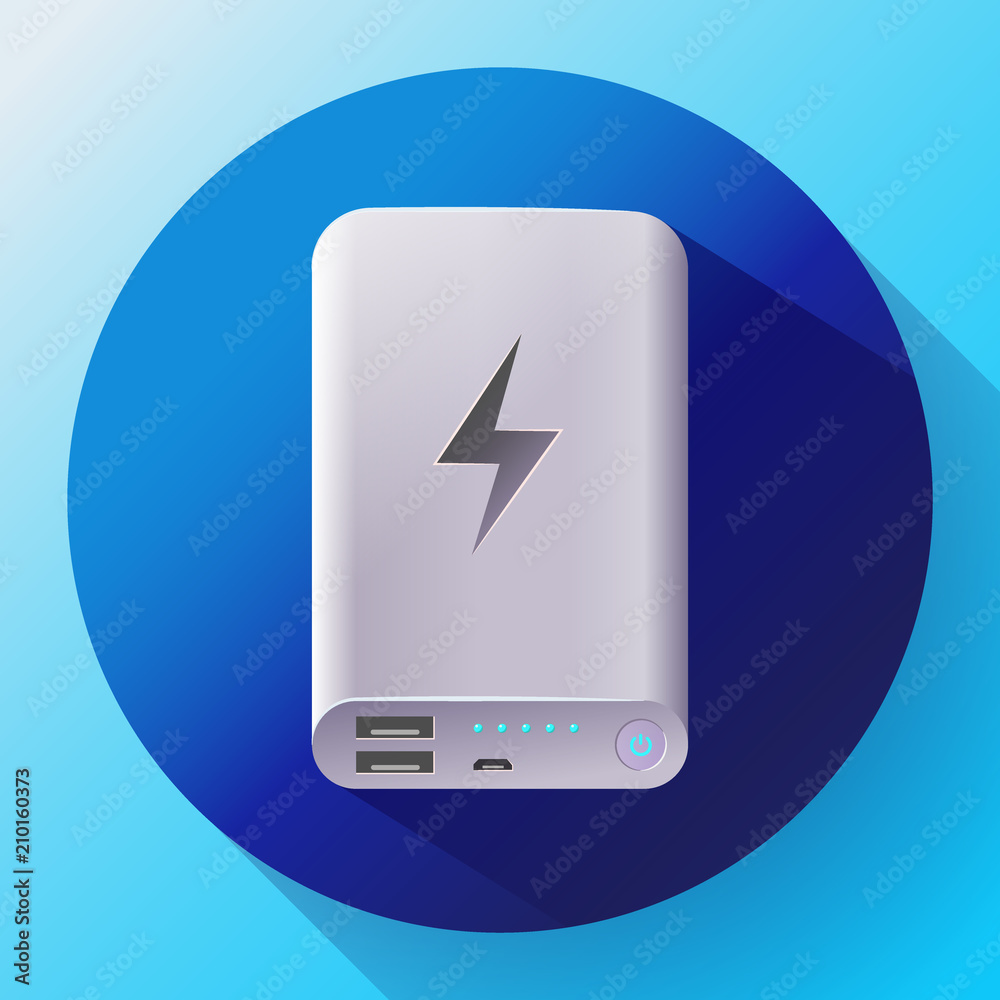 Power bank icon, portable charging device, charged battery smartphone indication, vector illustration Power bank icon, portable charging device, charged battery smartphone indication, vector illustration