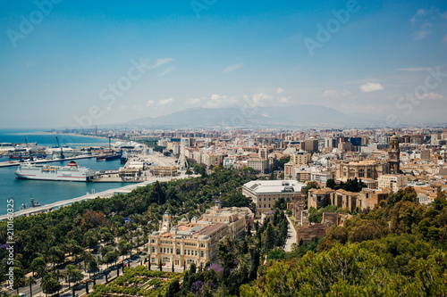 View of Malaga including port of Malaga, Alcazaba castle, City Council building and the Cathedral, Andalucia, Spain.
