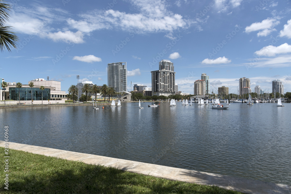 South Yacht Basin, St. Petersburg, Florida, USA, 2018. Juniors learning to sail off Bayshore Drive.