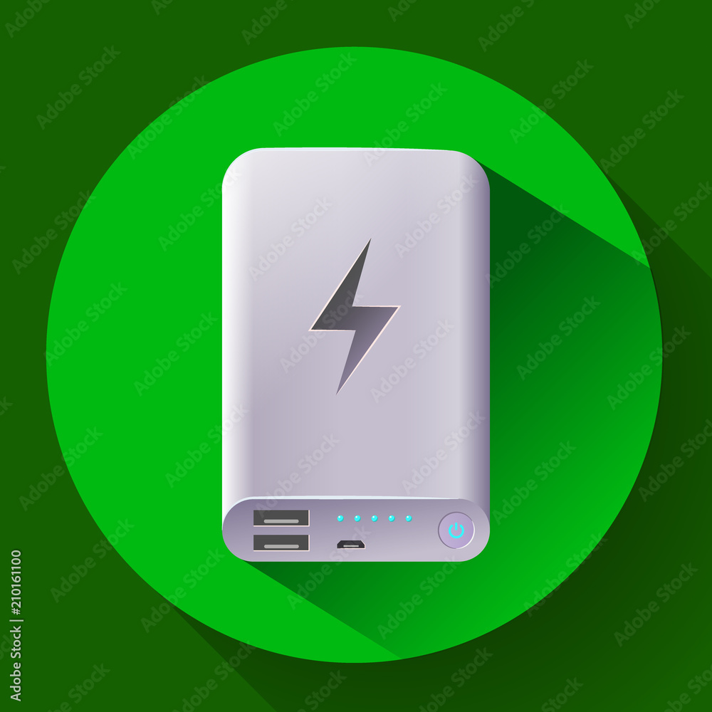 Power bank icon, portable charging device, charged battery smartphone indication, vector illustration Power bank icon, portable charging device, charged battery smartphone indication, vector illustration