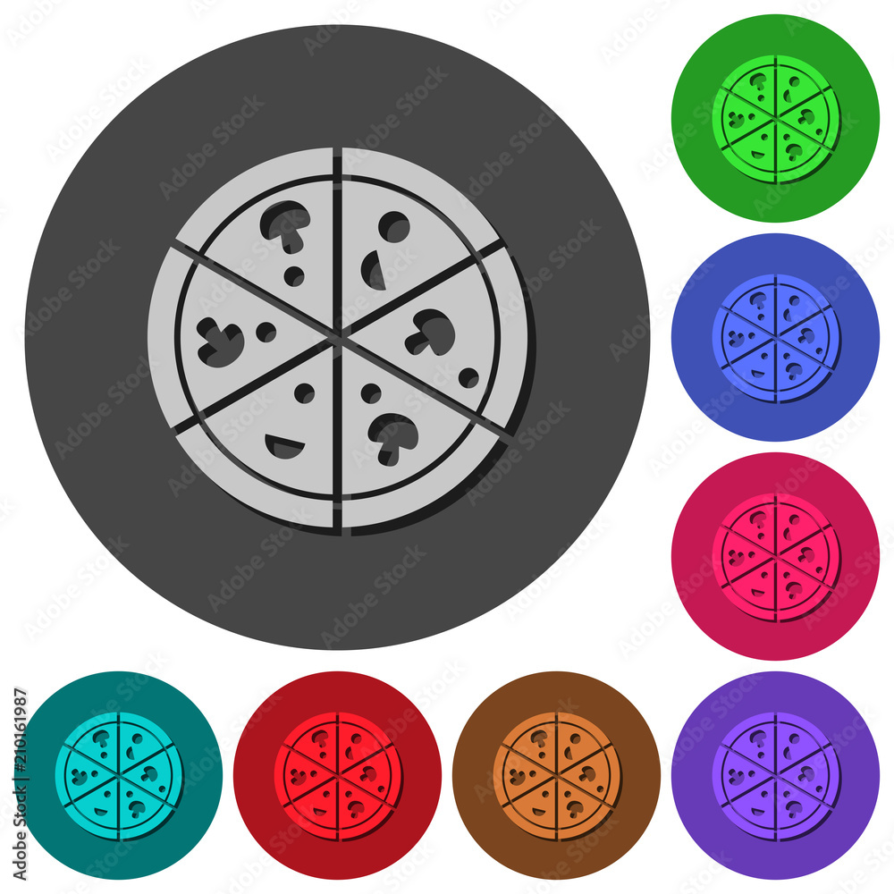 Pizza icons with shadows on round backgrounds Pizza icons with shadows on round backgrounds