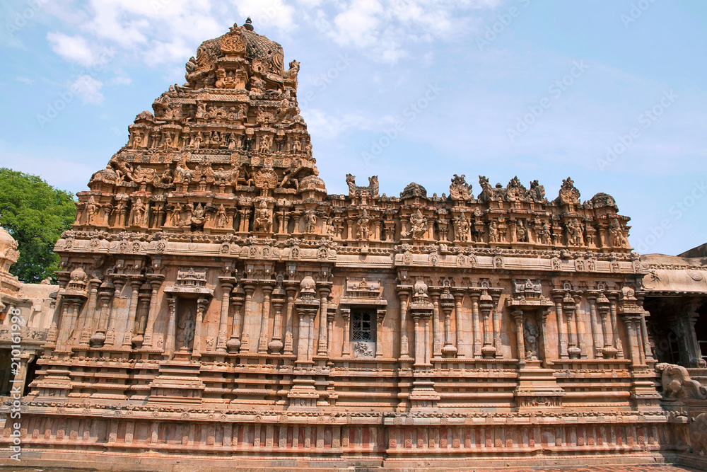 Decorated walls and gopuram, Subrahmanyam shrine, Brihadisvara Temple complex, Tanjore, Tamil Nadu. View from South West.