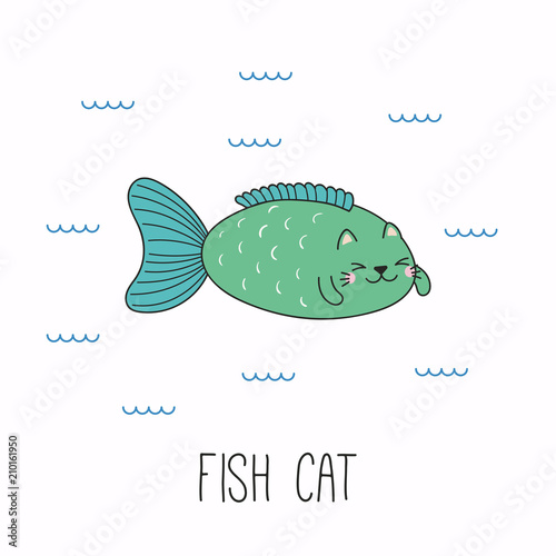 Hand drawn vector illustration of a kawaii funny cat fish, swimming in the sea. Isolated objects on white background. Line drawing. Design concept for children print.