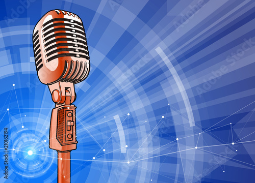 Red professional microphone on a  blue technological background is surrounded by a sound wave. Atmosphere of sound recording studio, chamber concert, night disco club or karaoke club / vector