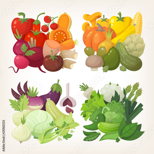 Colorful vegetables organized by color into square groups. Vector grocery elements