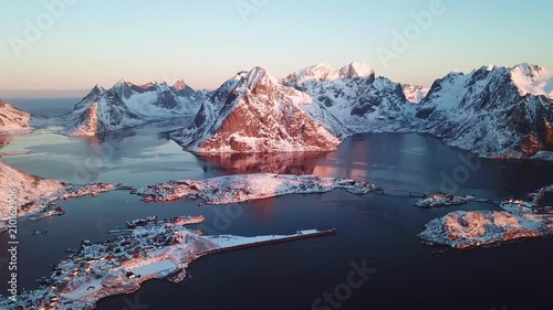 Valley in the Lofoten islands bay. Natural landscape during sunrise