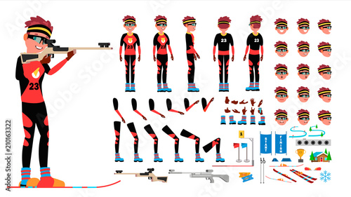 Biathlon Player Male Vector. Animated Character Creation Set. Man Full Length, Front, Side, Back View, Accessories, Poses, Face Emotions, Gestures. Isolated Flat Cartoon Illustration