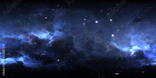 360 degree space nebula panorama, equirectangular projection, environment map. HDRI spherical panorama. Space background with nebula and stars.