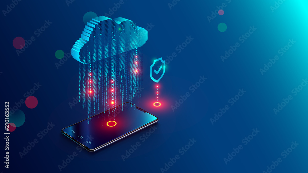 Cloud Computing Concept. Data protected exchange on smart phone or other mobile device and online storage. Cloud Technology illustration.