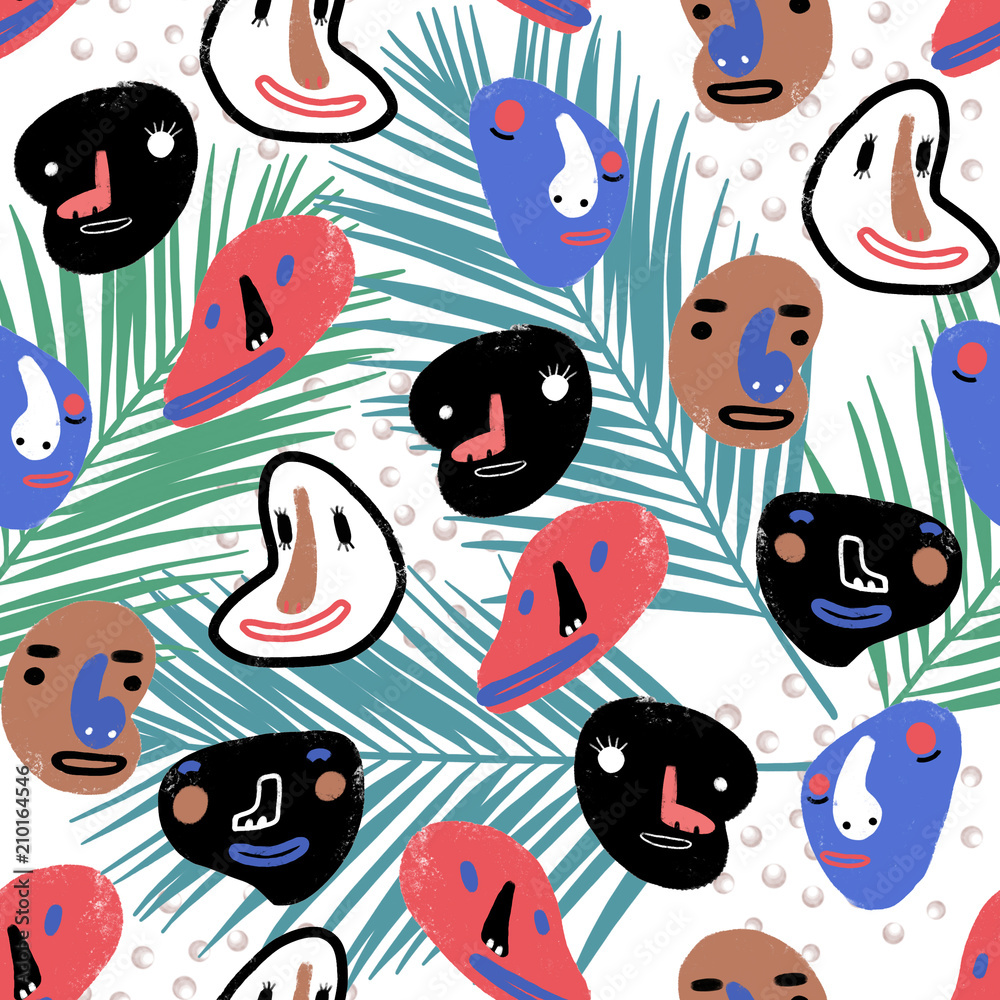 Naklejka premium Funny cartoon faces seamless pattern ilustration. comic tropical bacground