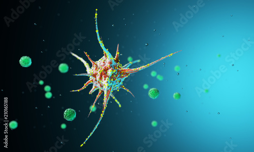 Virus cells under a microscope. © sipgus