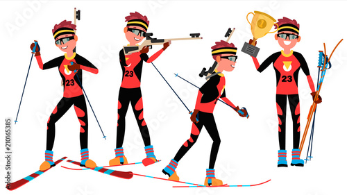 Biathlon Young Man Player Vector. Man. Shooting Range. Aiming With Competitive Gun. Flat Athlete Cartoon Illustration